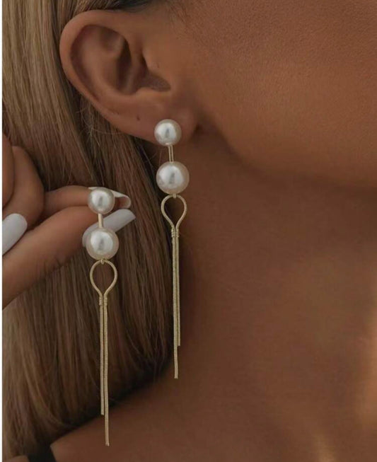 Double Pearl Gold Tassle Dangle Earrings