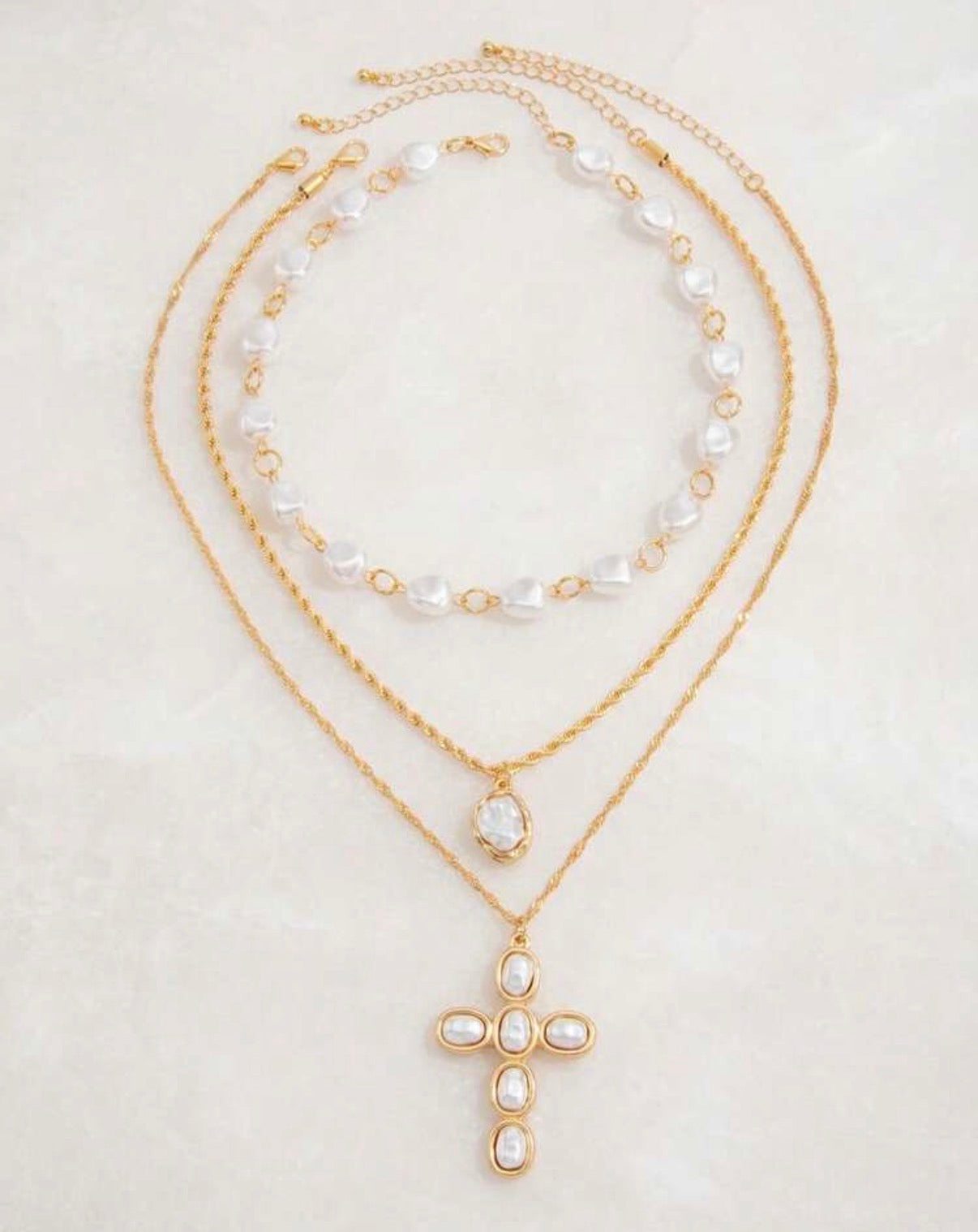 3 Pc. Gold & Pearl Set with Baroque Cross Pendant