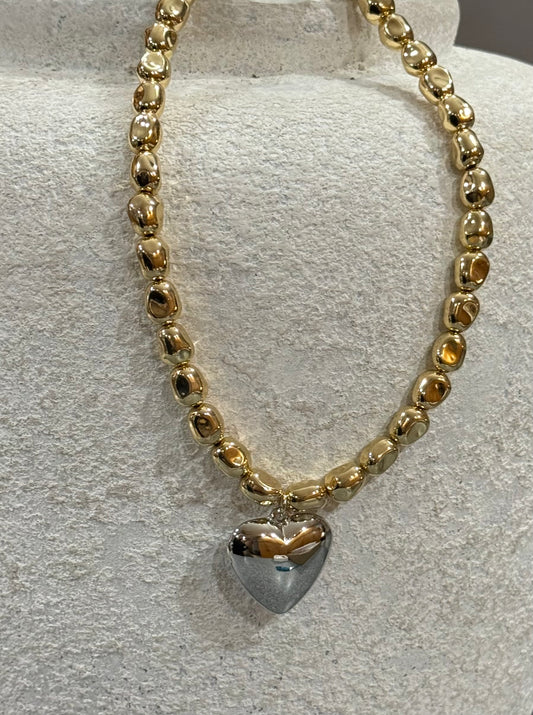 Bebe Hammered Gold Bead Necklace with Shiny Silver Heart Pendant