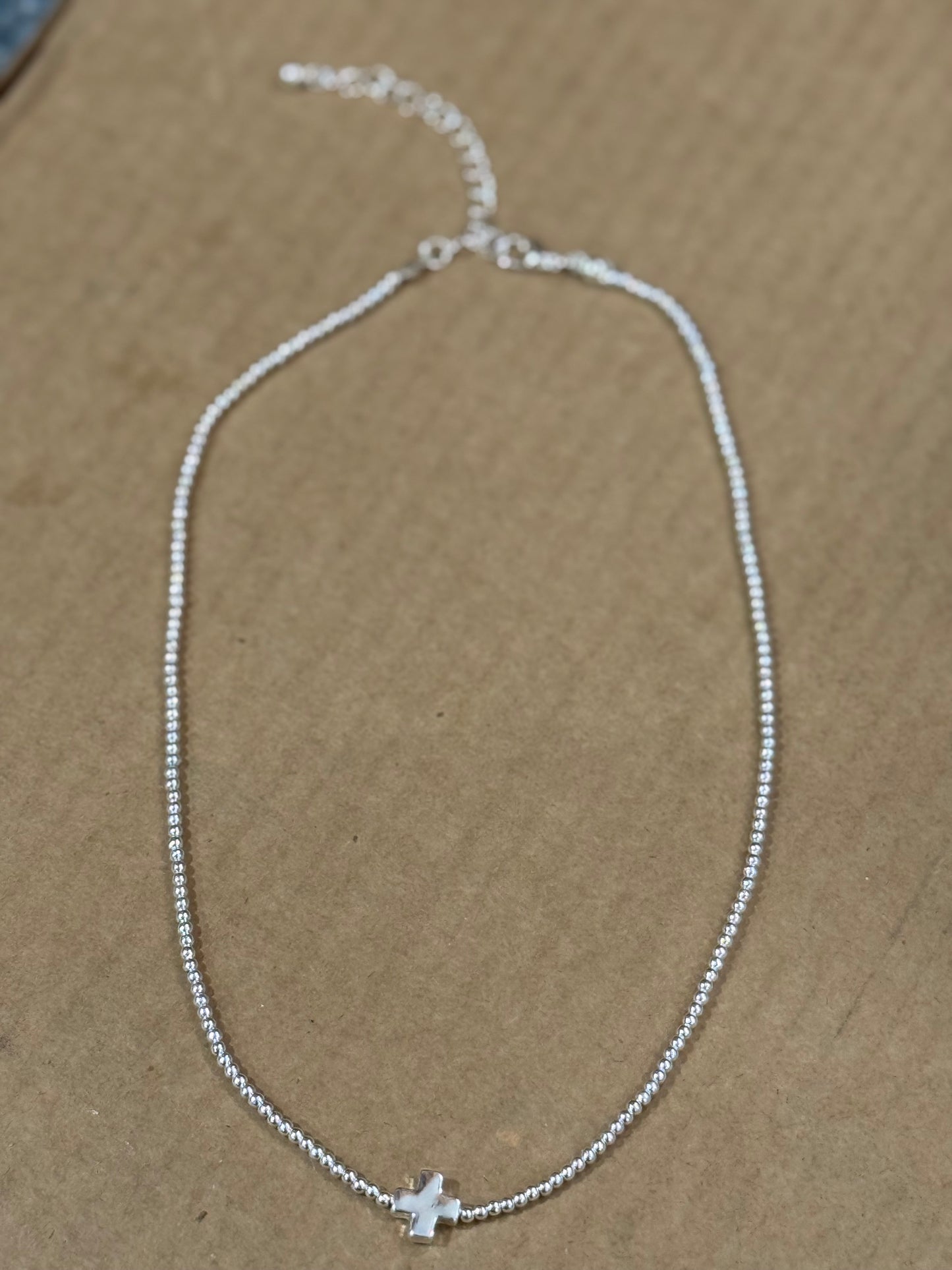 Silver Small Ball Beaded Necklace with Cross Accent