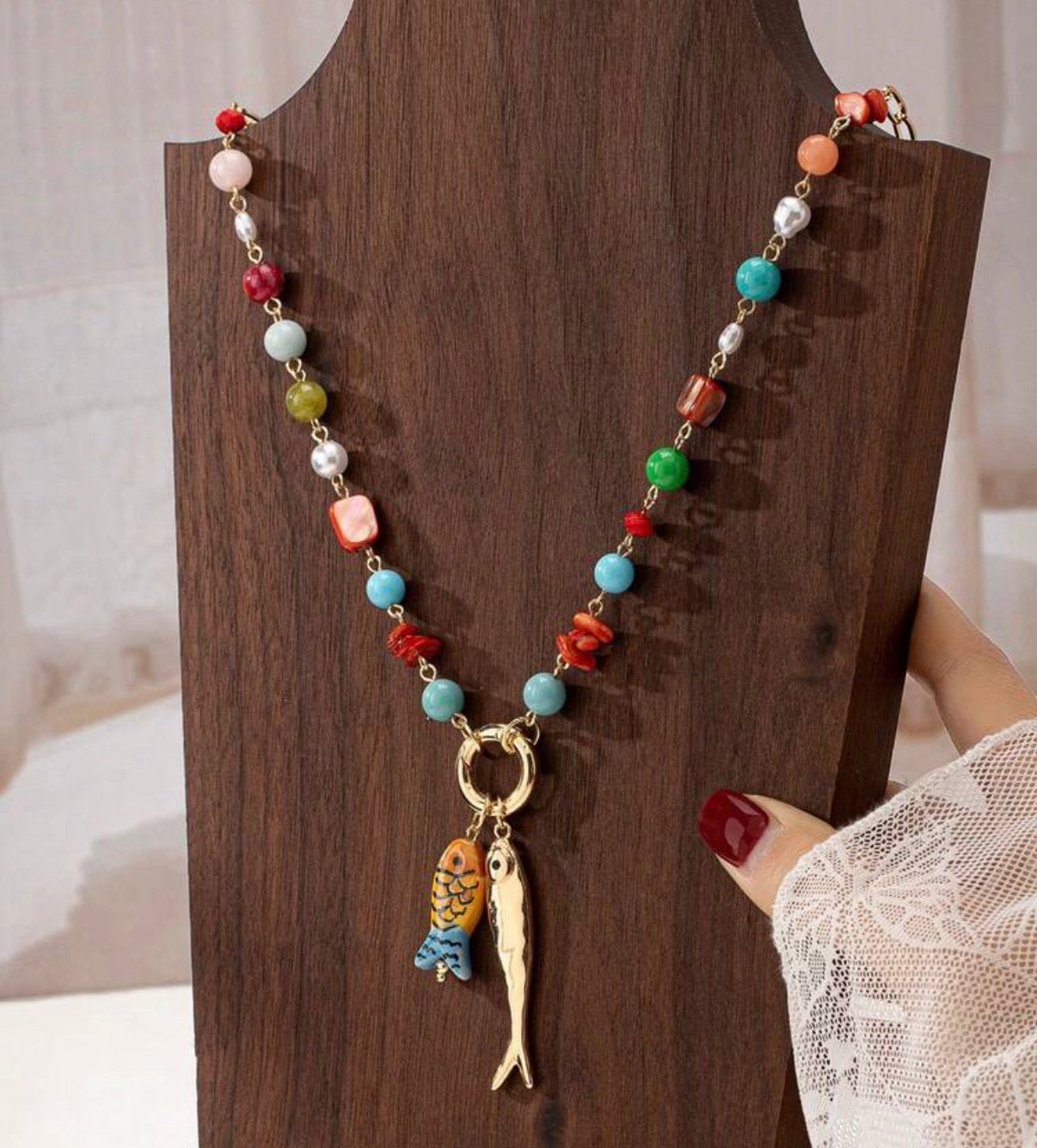 Gold & Bright Summer Colors Beaded Necklace with 2 Fish Charms