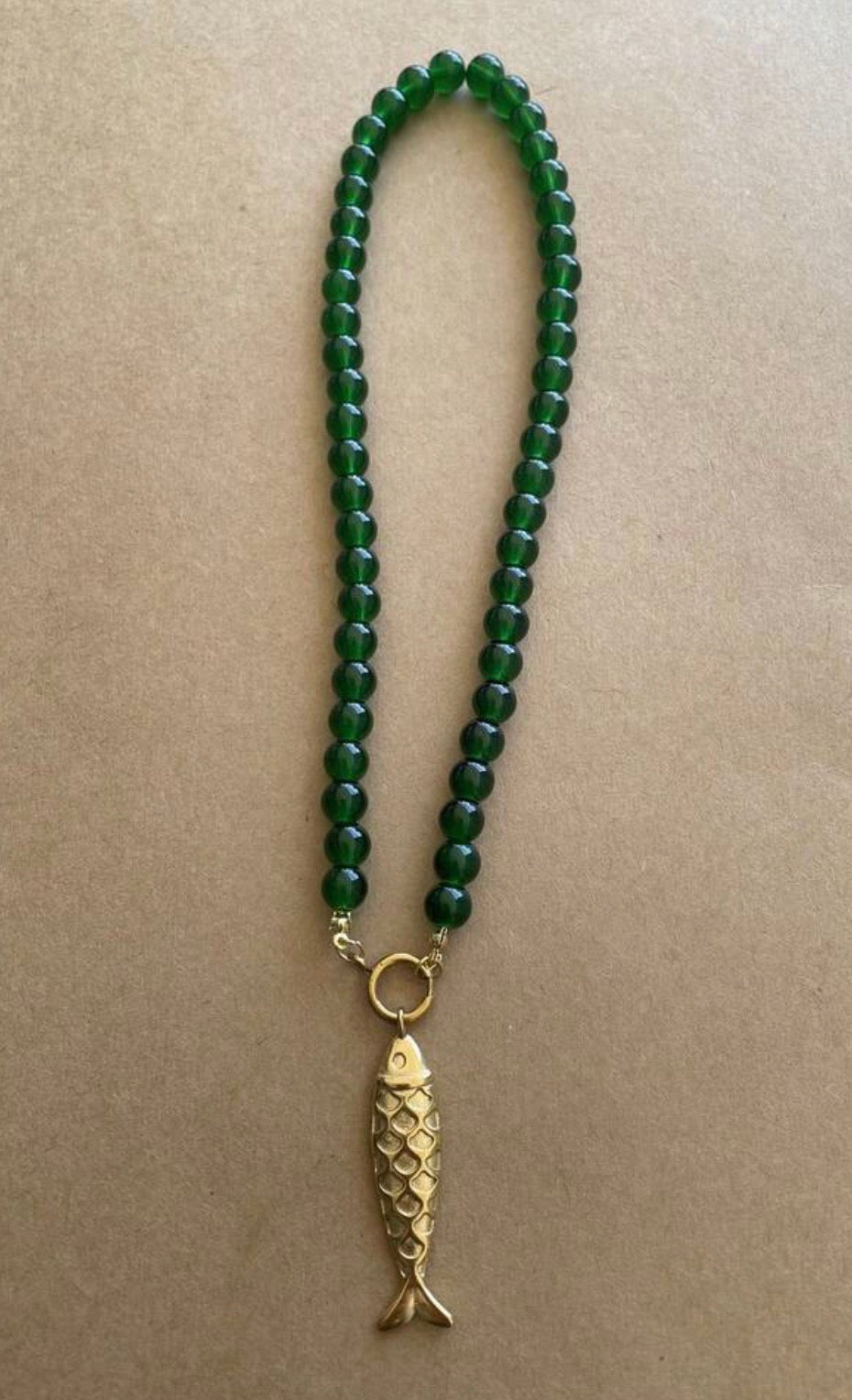 Green Glass Beaded Carabiner Necklace with Stainless Steel Gold Fish Pendant