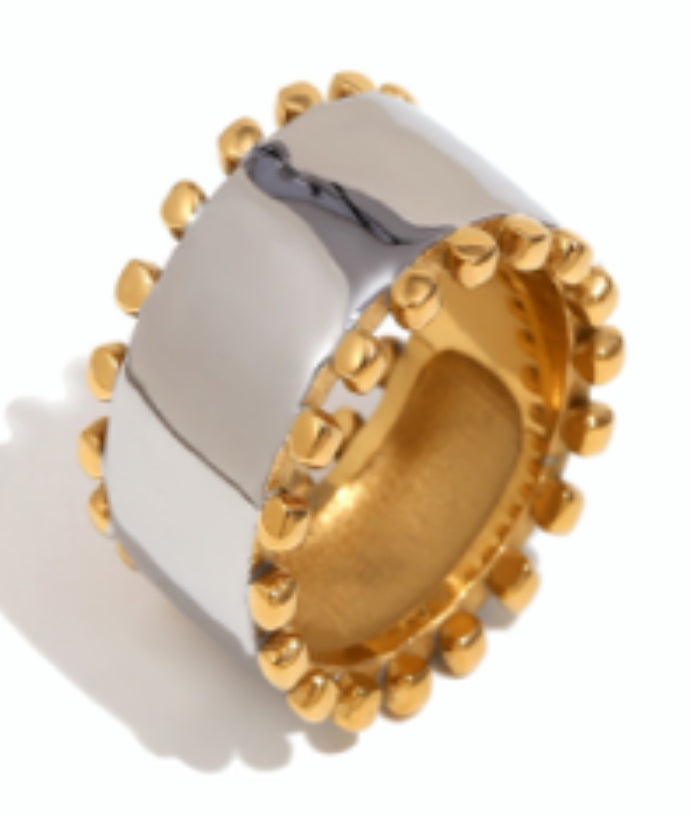 Two Tone/Mixed Metal Stainless Steel Cuff Bracelet with Gold Ball Edging.