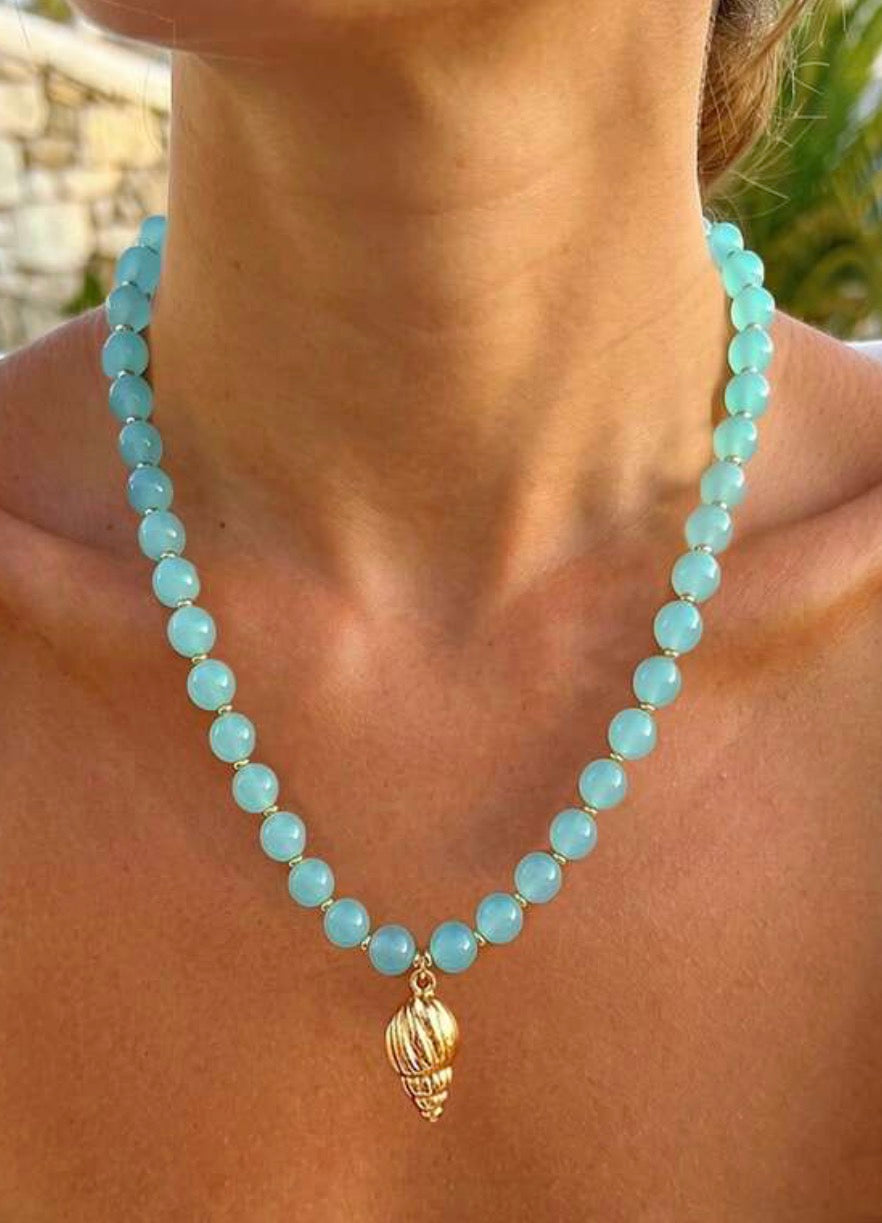 Beautiful Light Ocean Blue Beaded Necklace with Gold Seashell Pendant