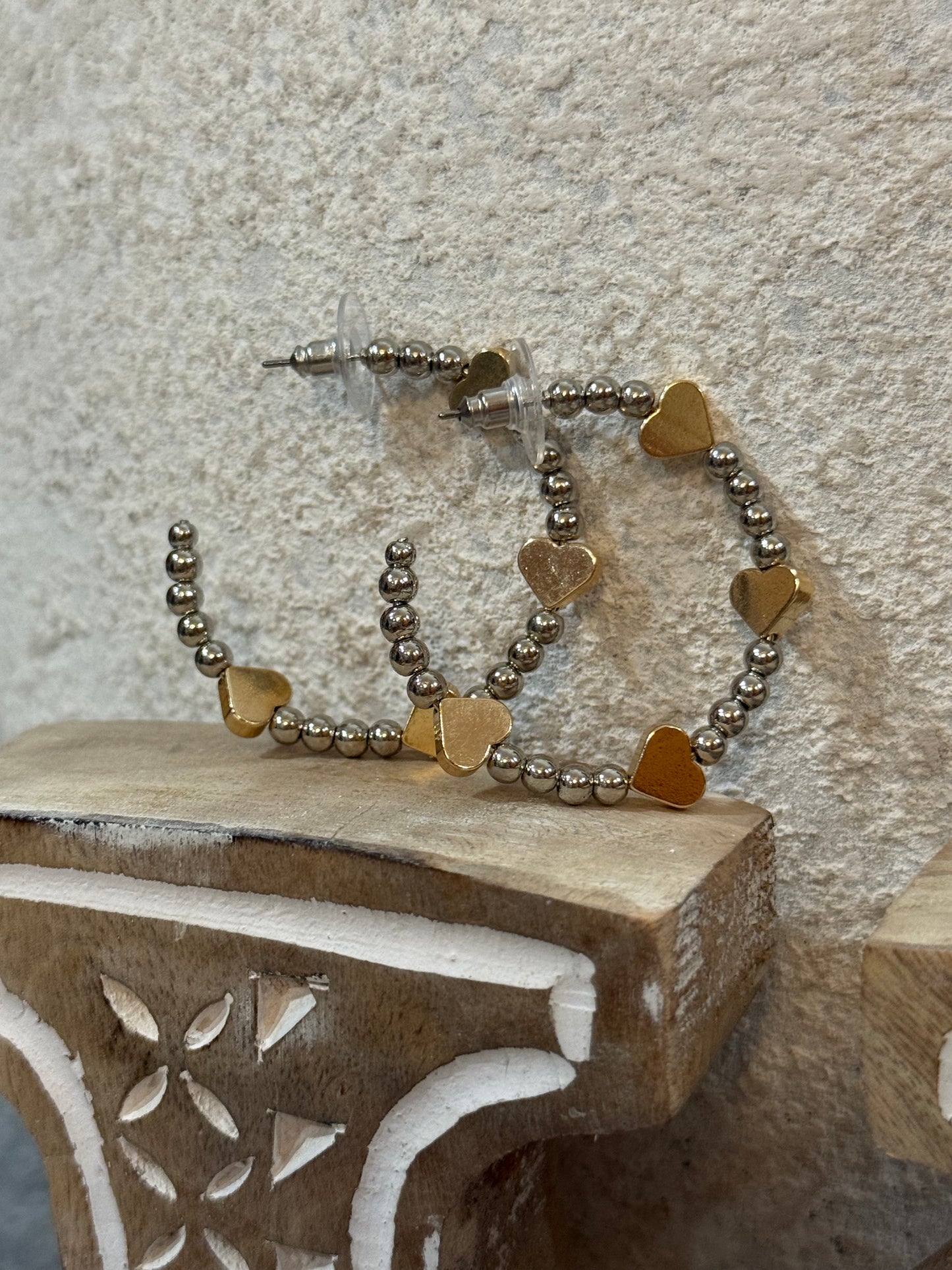 Two-Tone Silver Beaded Hoop Earrings with Gold Heart Details