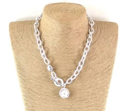 Silver chain-link Toggle Necklace with a Pearl Ball Pendant.