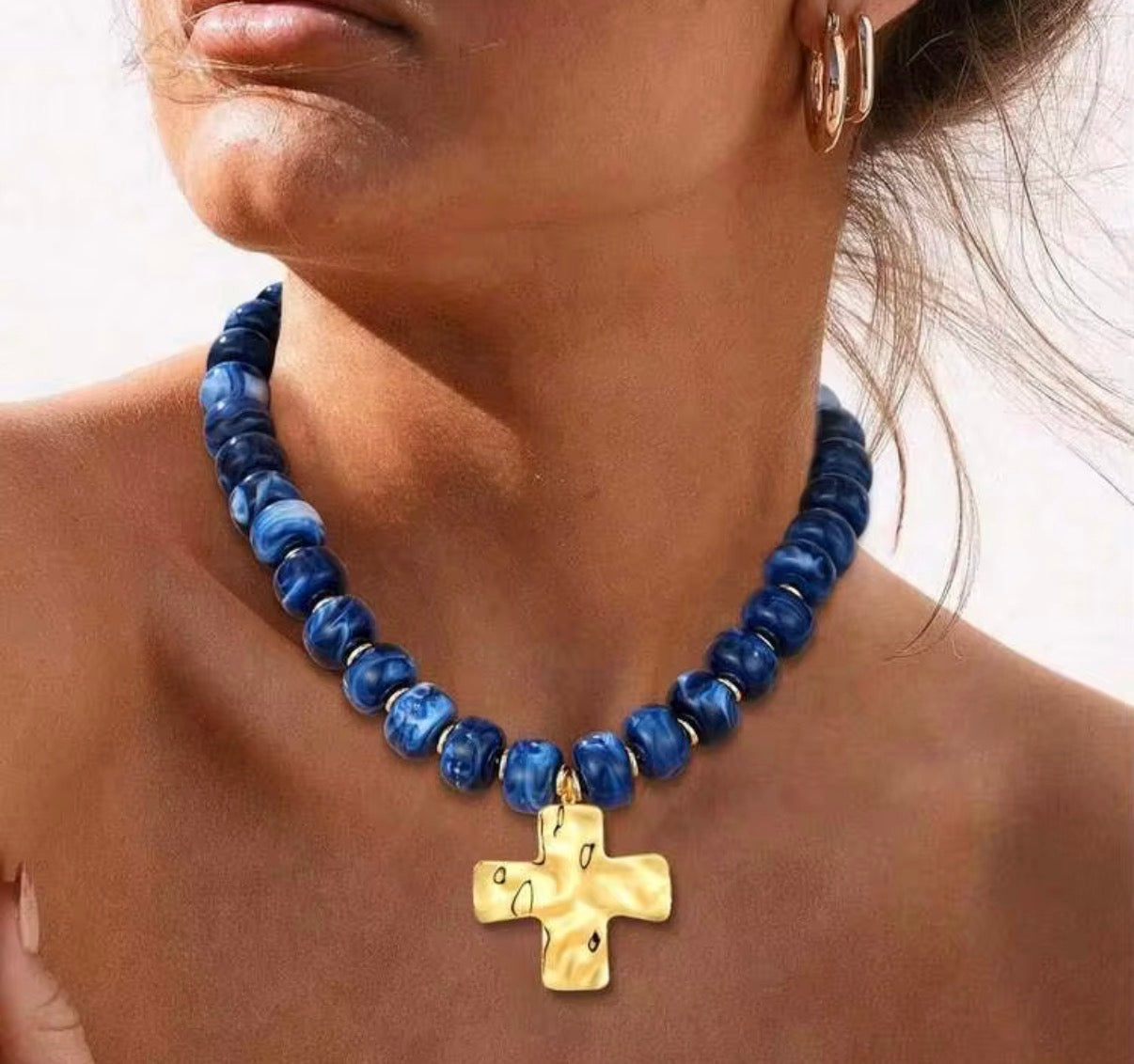Navy Blue Acrylic Beaded Necklace with Gold Hammered Cross Pendant