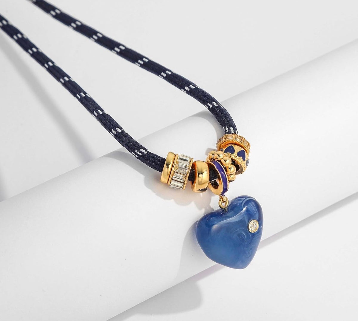 Navy Paracord Rope Choker with Gold & Enamel Charms, Navy Marbled Heart with Tiny Crystal Pendant