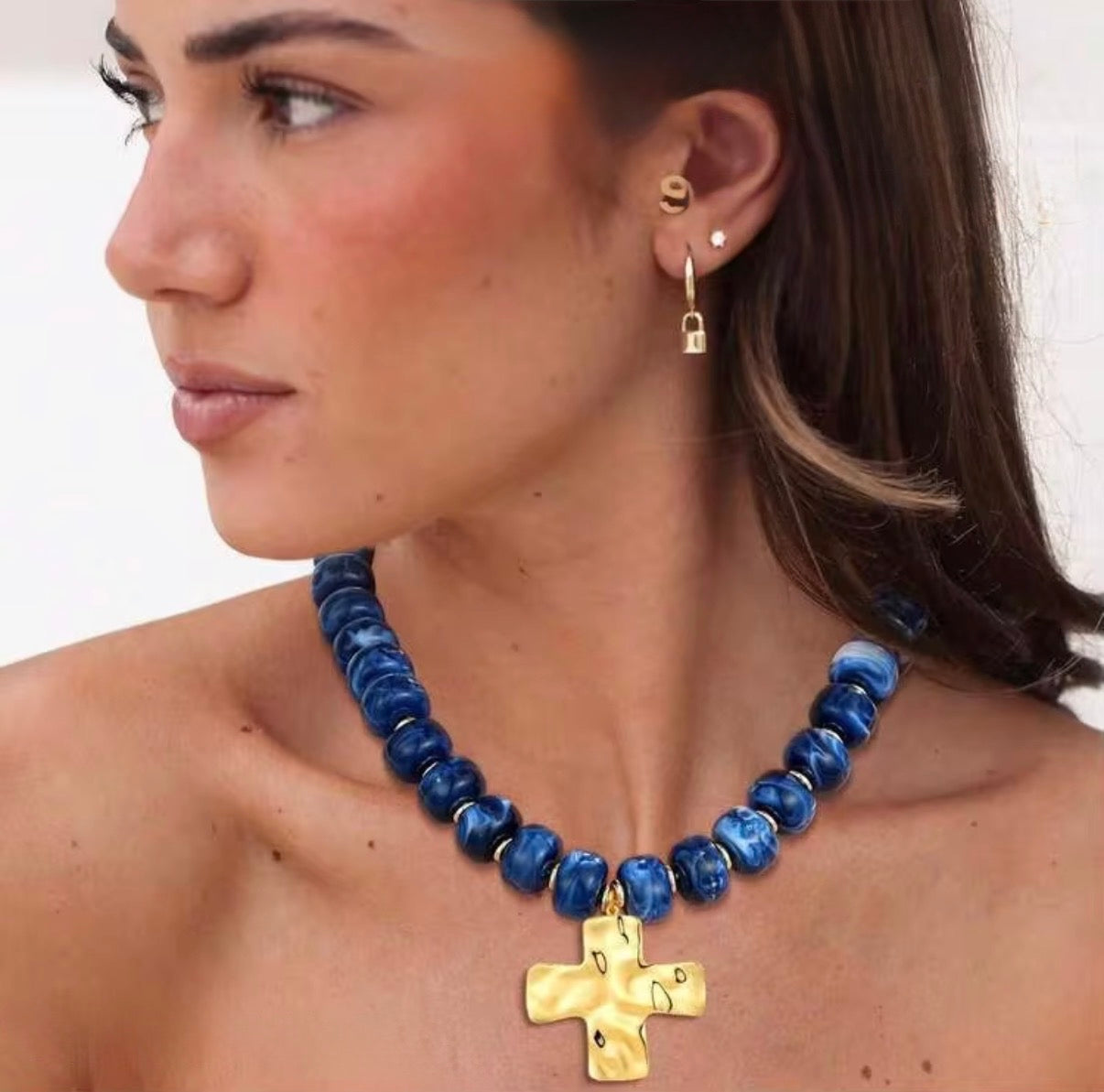 Navy Blue Acrylic Beaded Necklace with Gold Hammered Cross Pendant