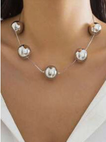 Thin Silver Necklace with Large Shiny Ball Accents