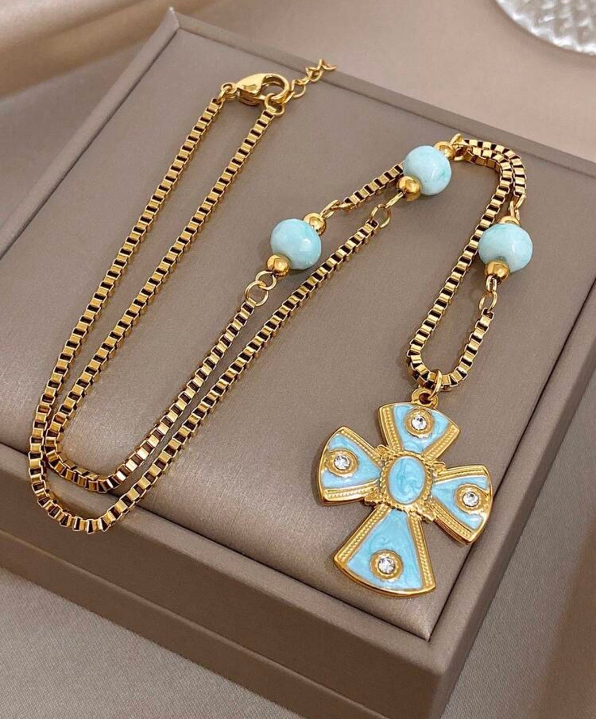 Gold & Light Turquoise Enamel Cross Necklace