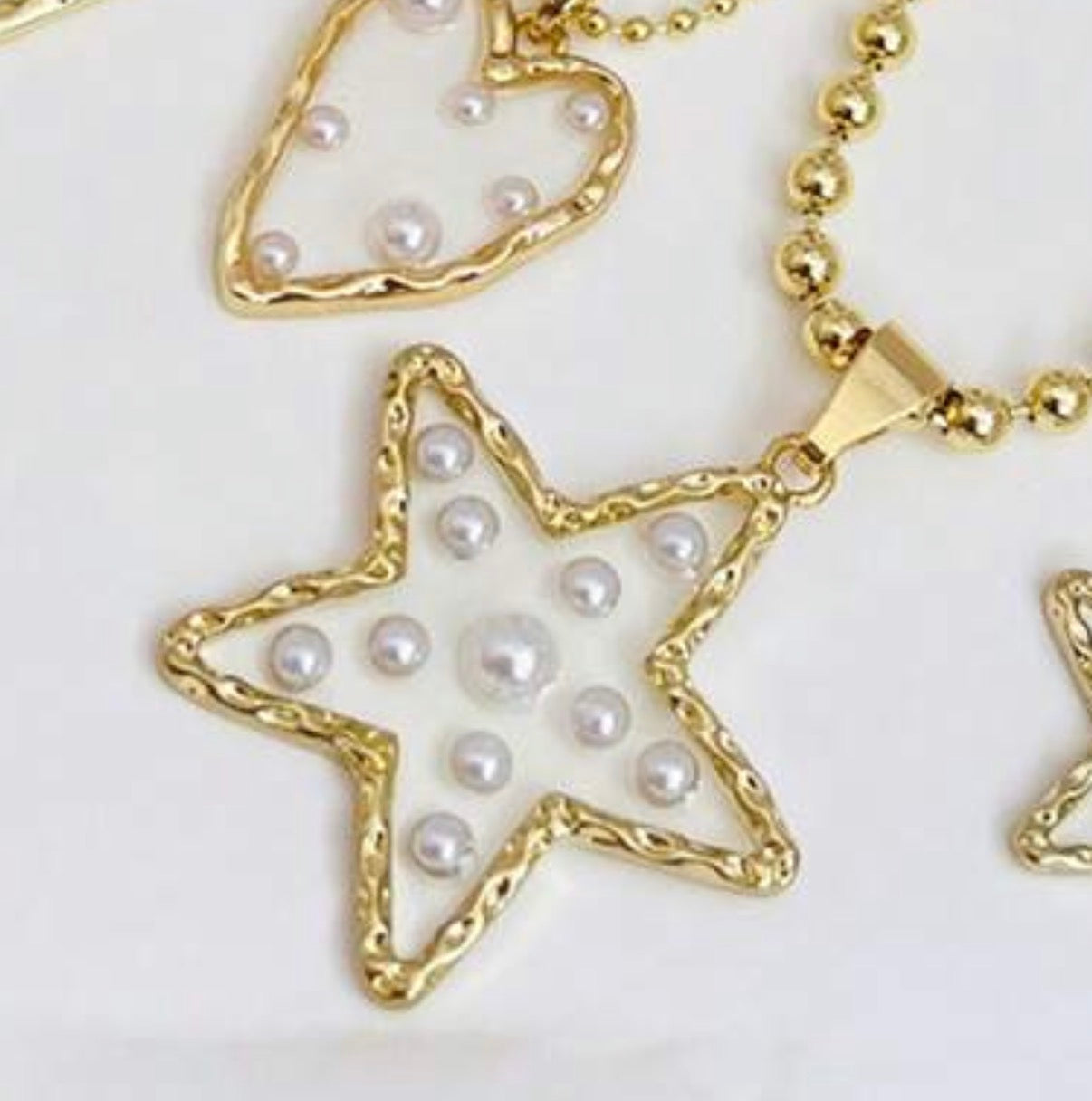 Gold Ball Beaded Necklace with Open Gold Star with Pearl Accents