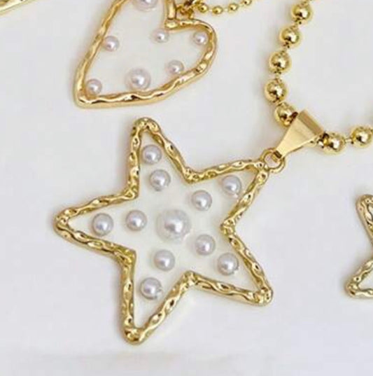 Gold Ball Beaded Necklace with Open Gold Star with Pearl Accents