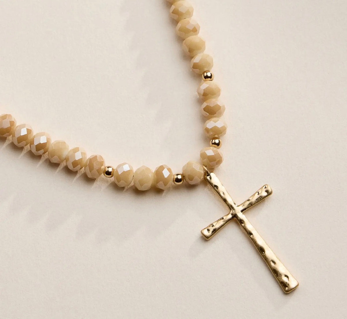 Natural Color Beaded Necklace with Thin Hammered Cross
