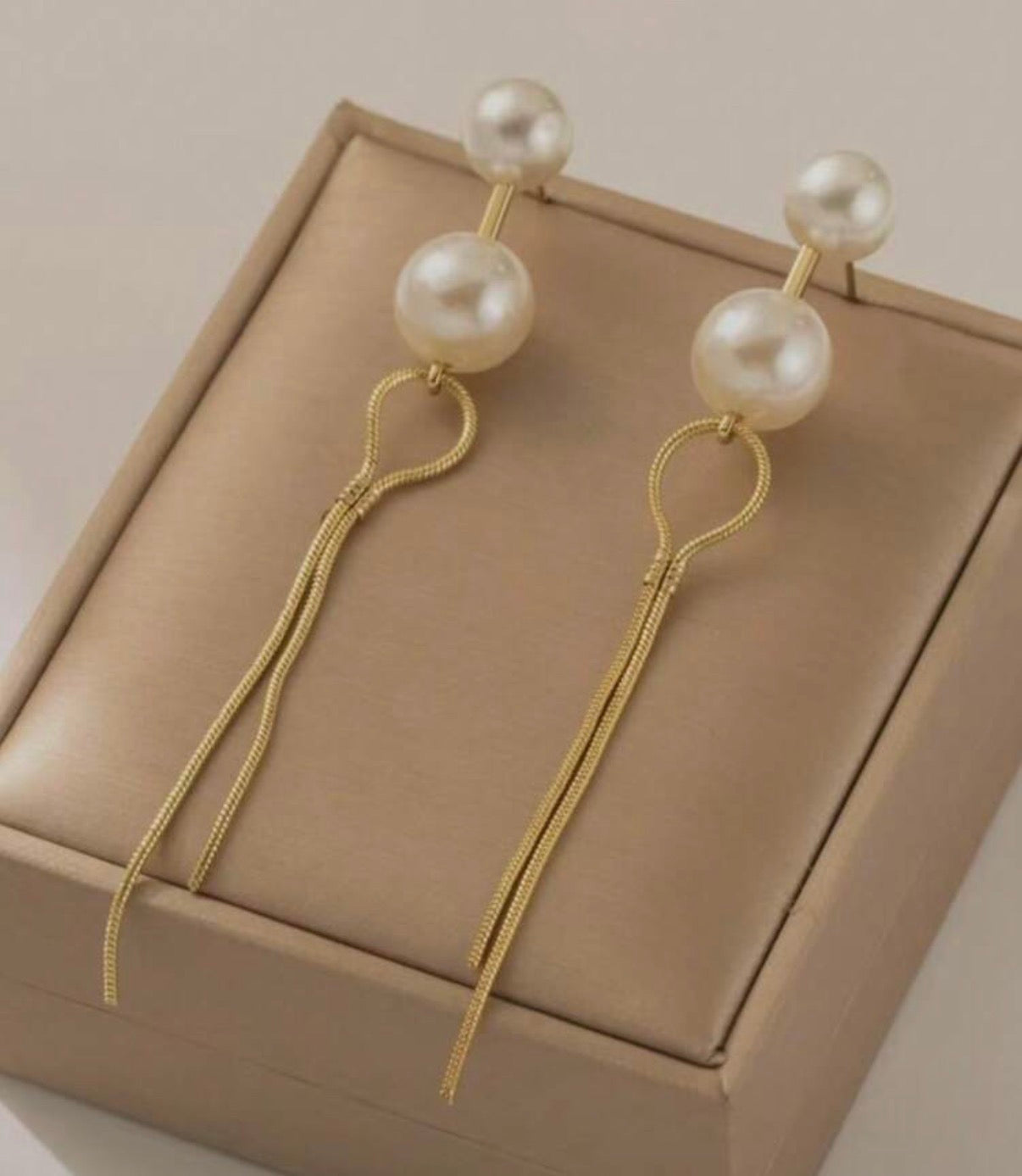Double Pearl Gold Tassle Dangle Earrings