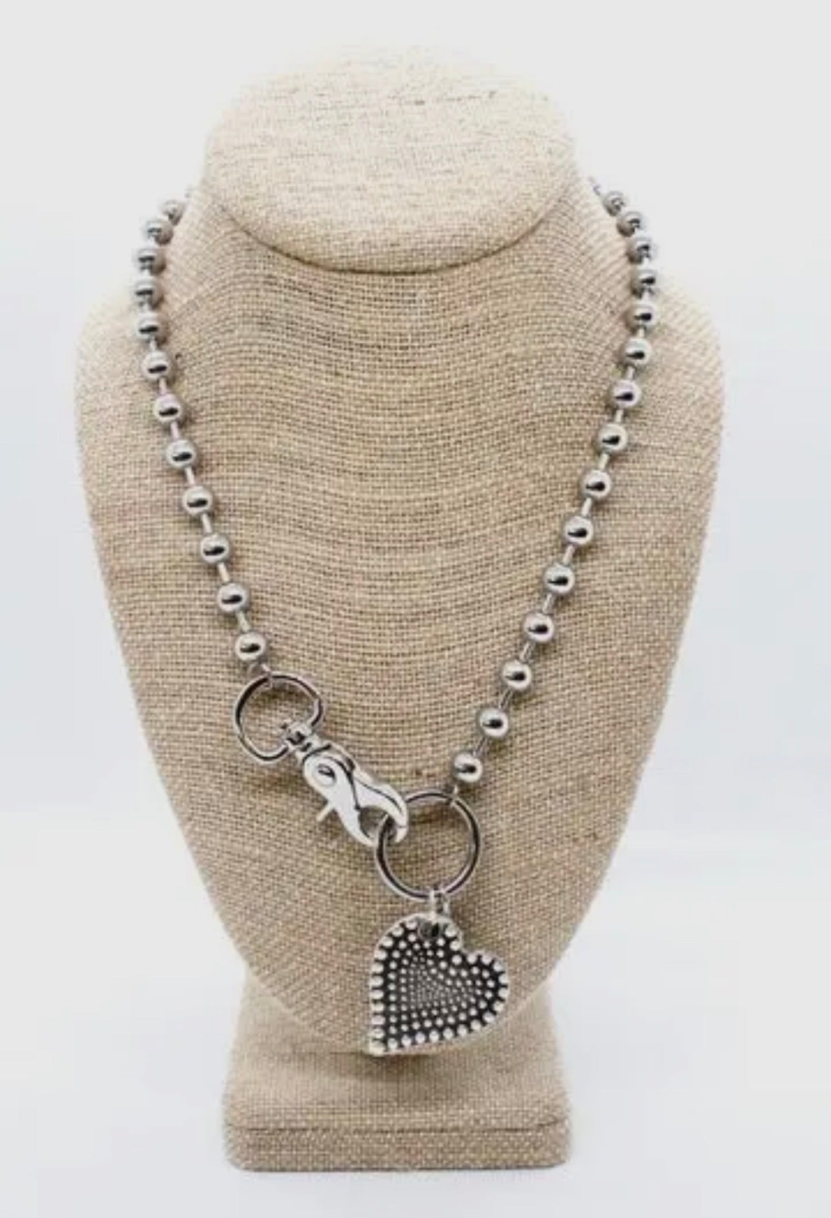 Silver  Beaded Chain with Double Sided Dotted Heart Pendant