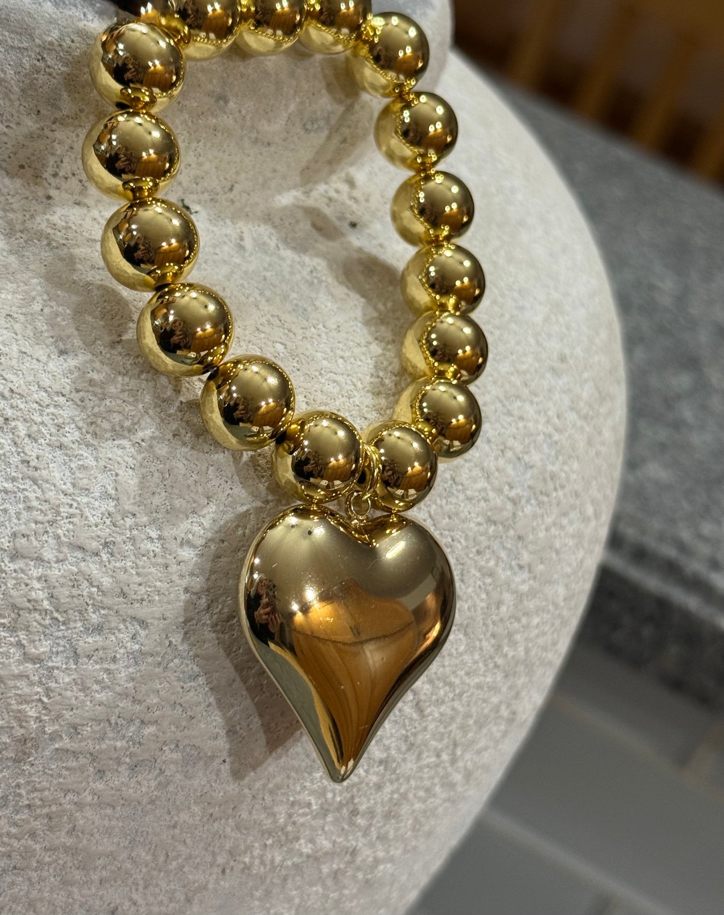Gina Gold Beaded Bracelet with Puffy Heart Pendant