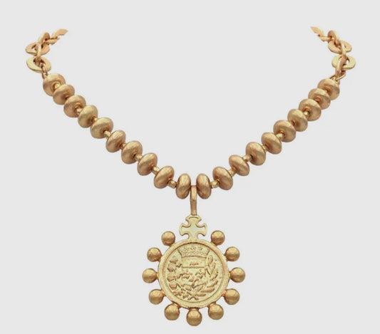 Gold Metal Bead Necklace with Coin Medallion edged in Decorative Ball Details