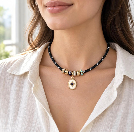 Cream Oval Pendant & Boho Gold-Tone Charms on a Black Paracord Rope Necklace