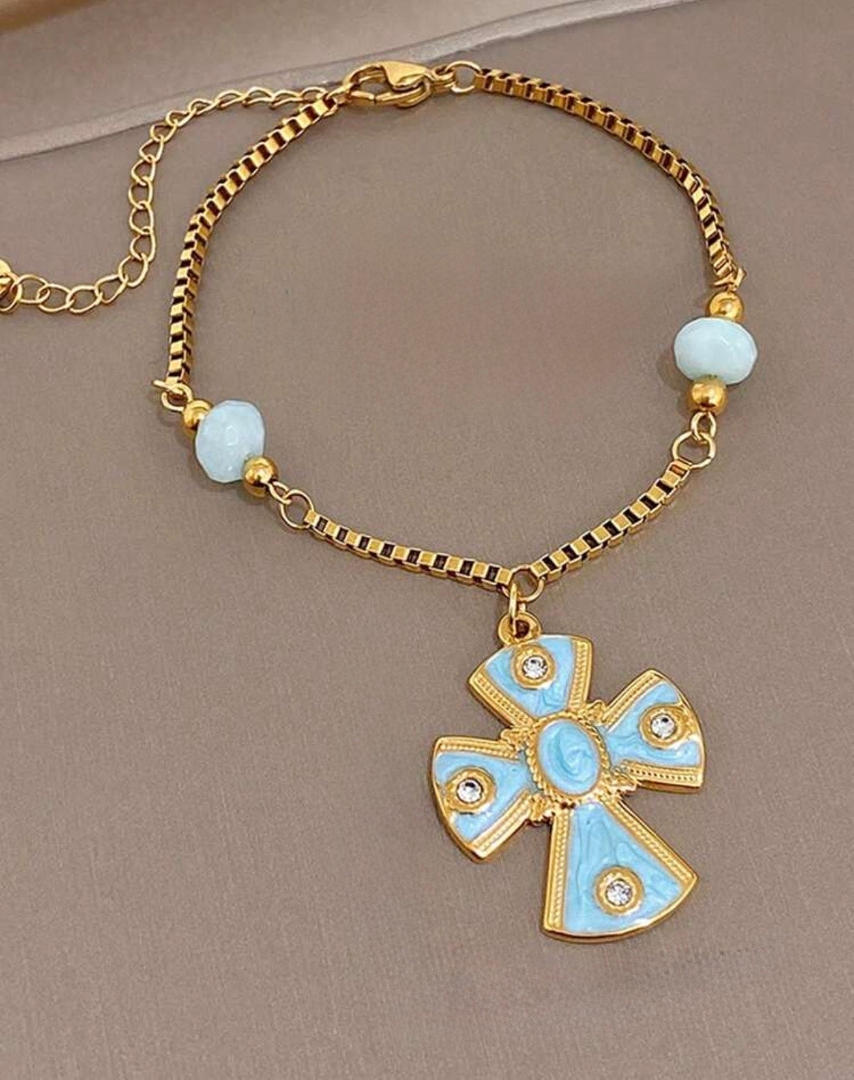 Gold & Light Turquoise Enamel Cross Bracelet