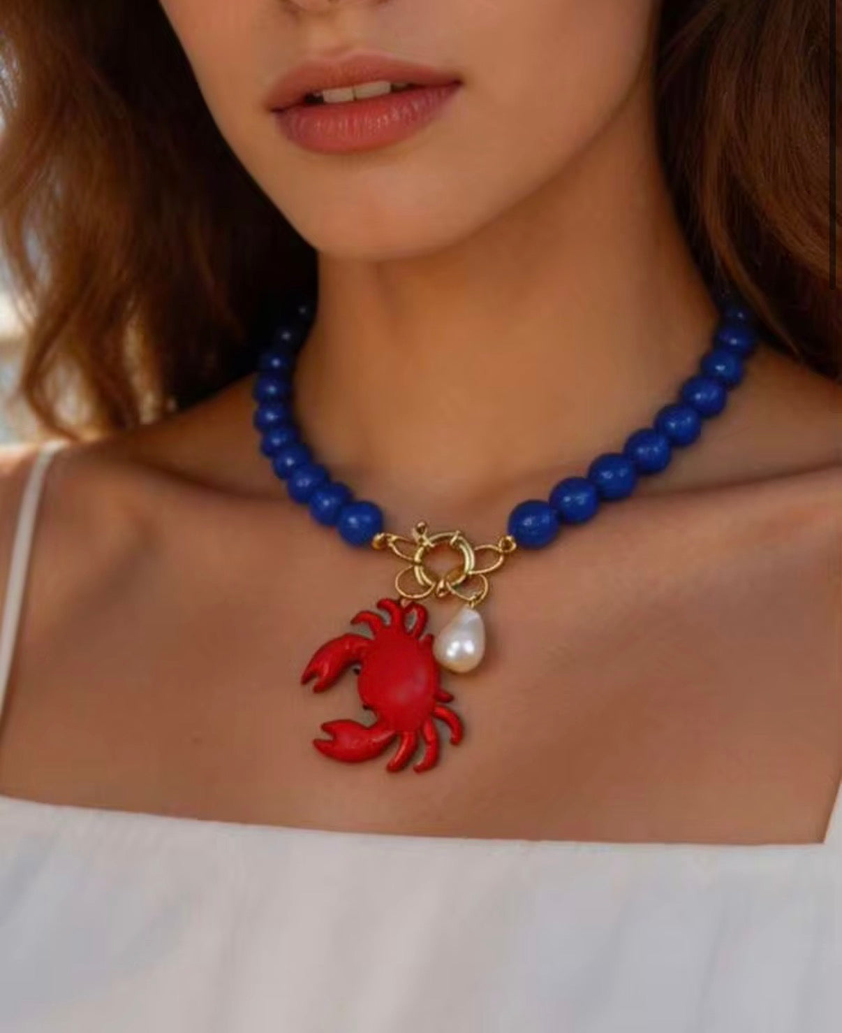 Bright Royal Blue Enamel Beaded Toggle Necklace with Crab Pendant & Pearl Charm