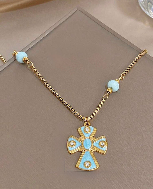 Gold & Light Turquoise Enamel Cross Necklace