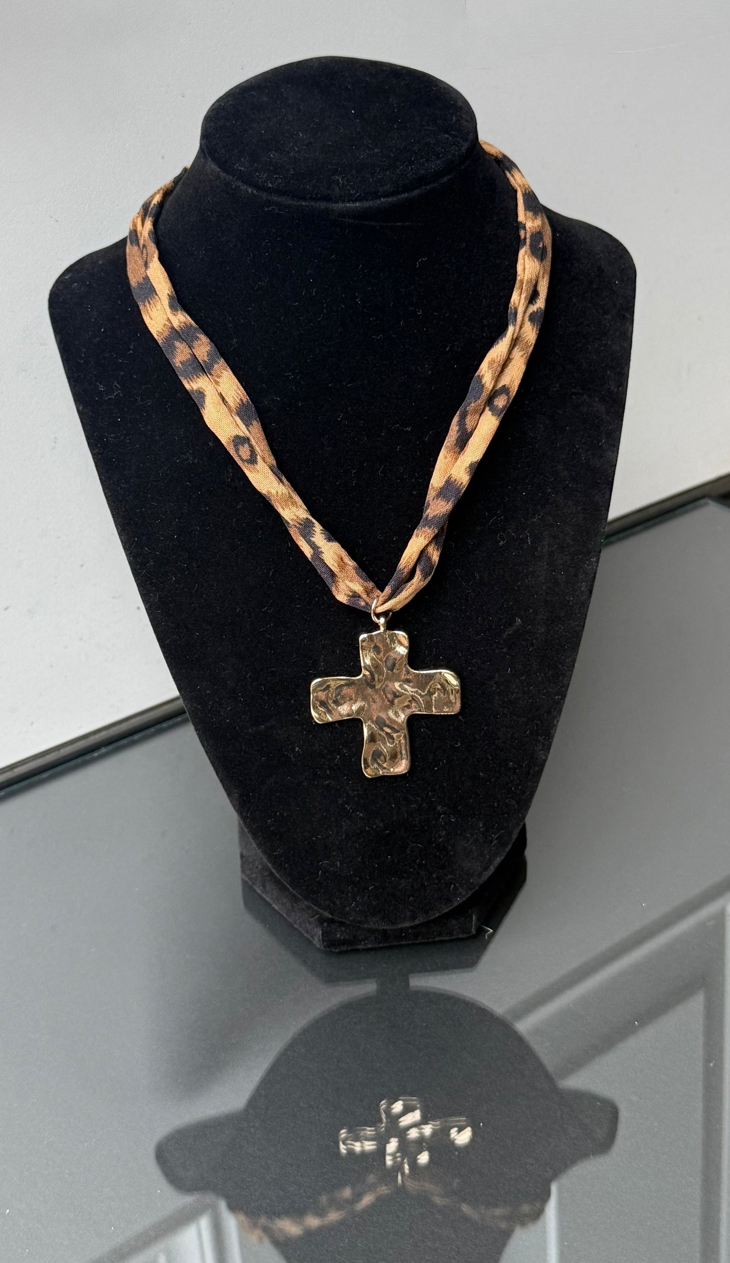Leopard Print - Double Strand Necklace with Gold Hammered Cross Pendant.