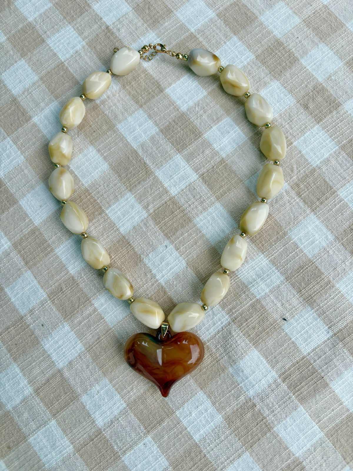 The Cream & Brown Laurel Beaded Heart Necklace