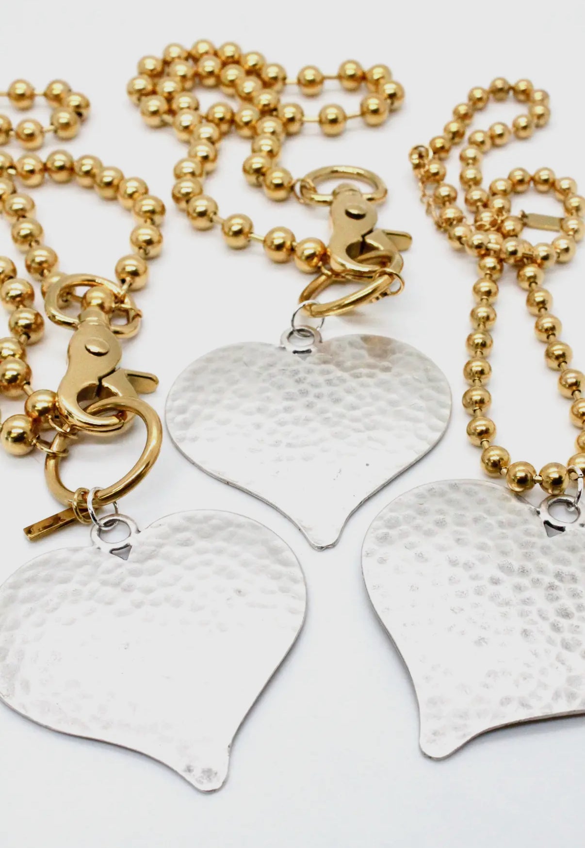 Gold Convertible Ball Bead Chain Necklace with Large Silver Hammered.Heart Pendant