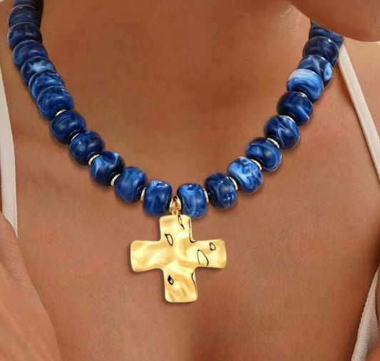 Navy Blue Acrylic Beaded Necklace with Gold Hammered Cross Pendant