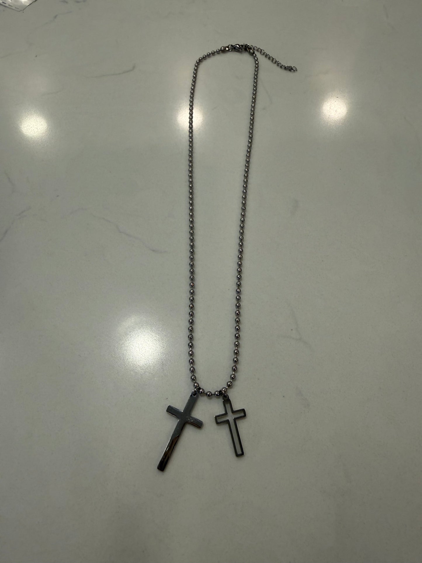 Silver Stainless Steel Double Cross Charms on Silver Ball Beaded Chain