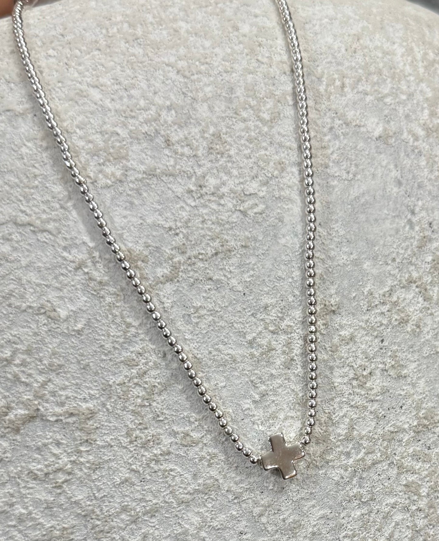 Silver Small Ball Beaded Necklace with Cross Accent