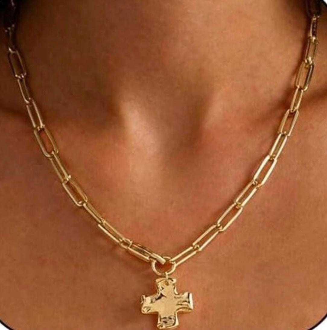 Gold PaperclipNecklace with Hammered Cross Pendant