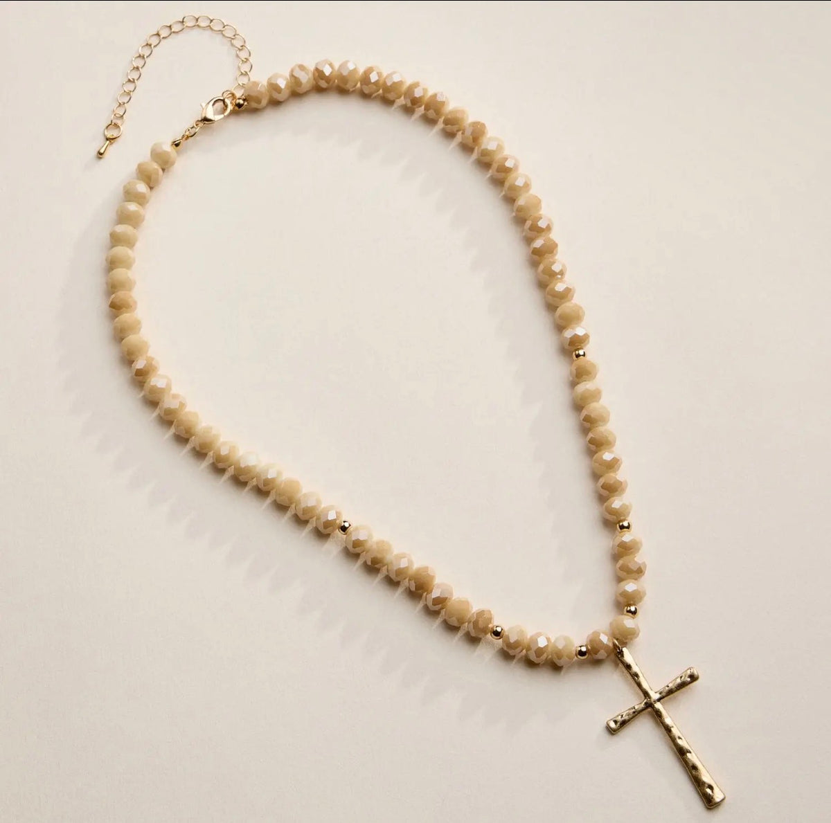 Natural Color Beaded Necklace with Thin Hammered Cross