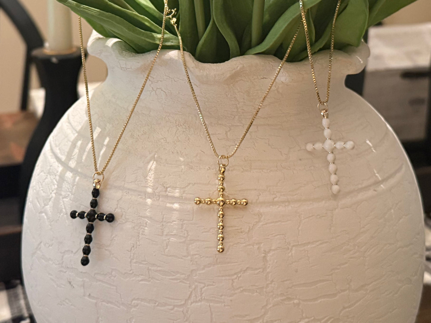 White Ball Bead Cross Pendant on Gold Box Chain Necklace
