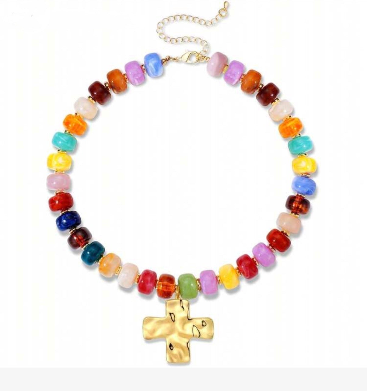 Bright Colored Acrylic Beaded Necklace with Gold Hammered Cross Pendant