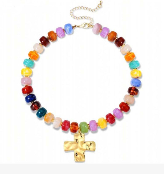 Bright Colored Acrylic Beaded Necklace with Gold Hammered Cross Pendant