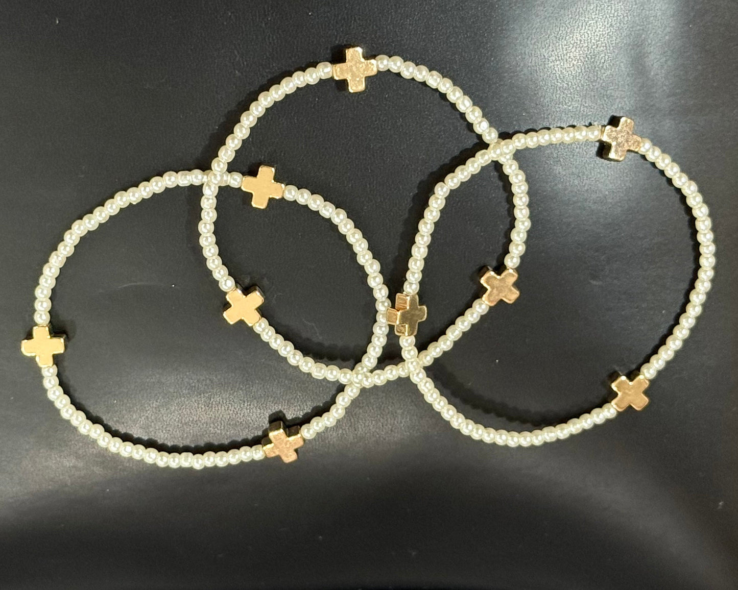 3 pc. Set Pearl Stretch Bracelets with Gold Cross Accents