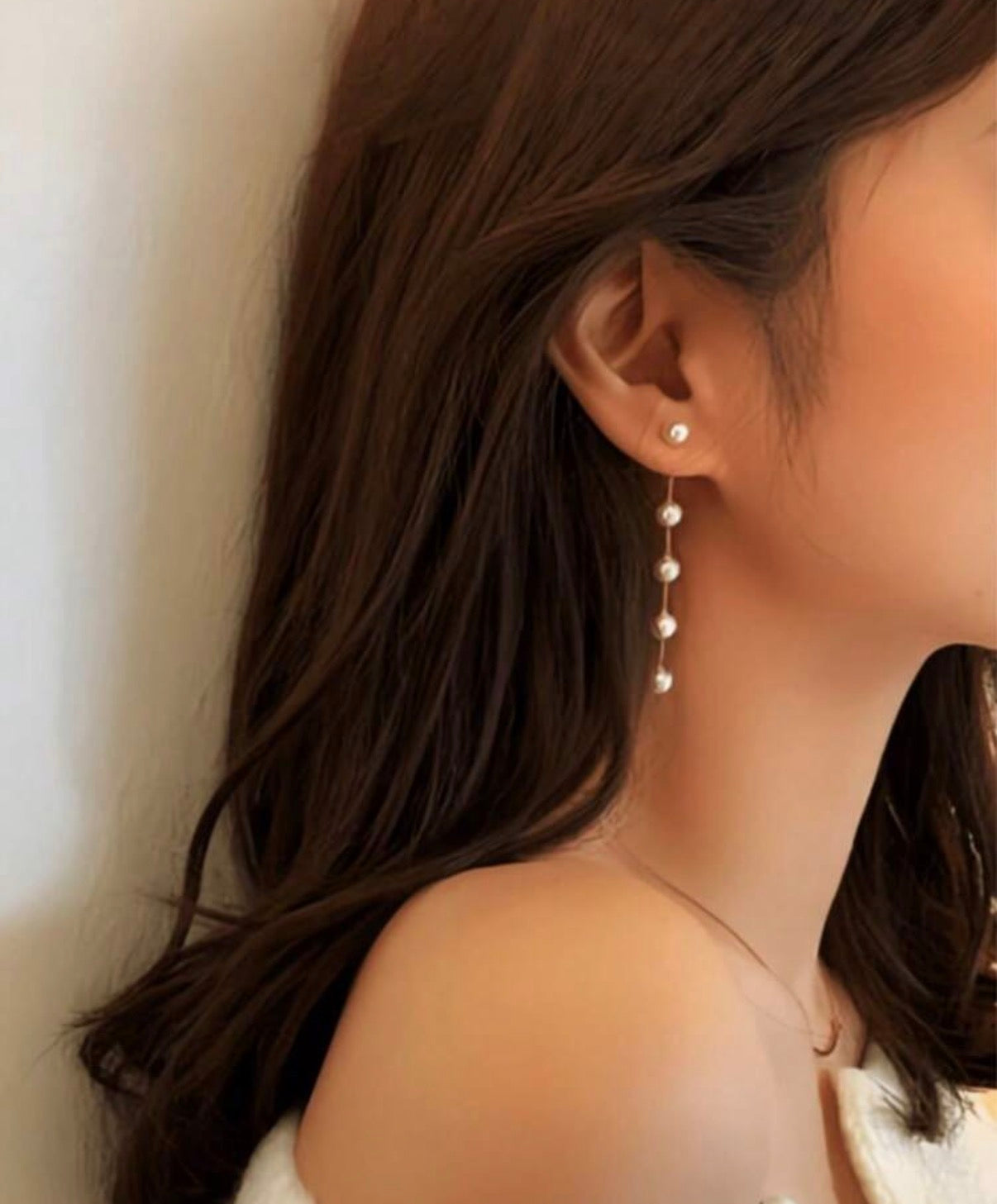 Long Gold Chain Drop Earrings with Pearl Accents