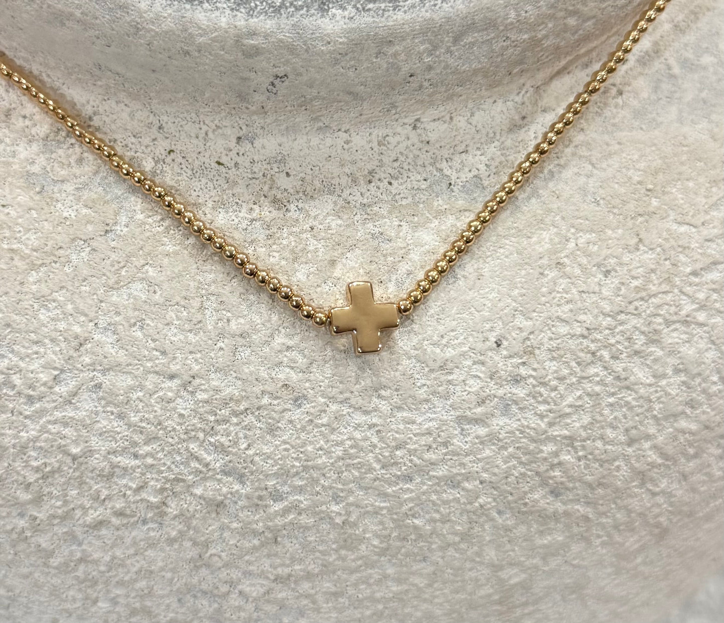 Gold Small Ball Beaded Necklace with Cross Accent