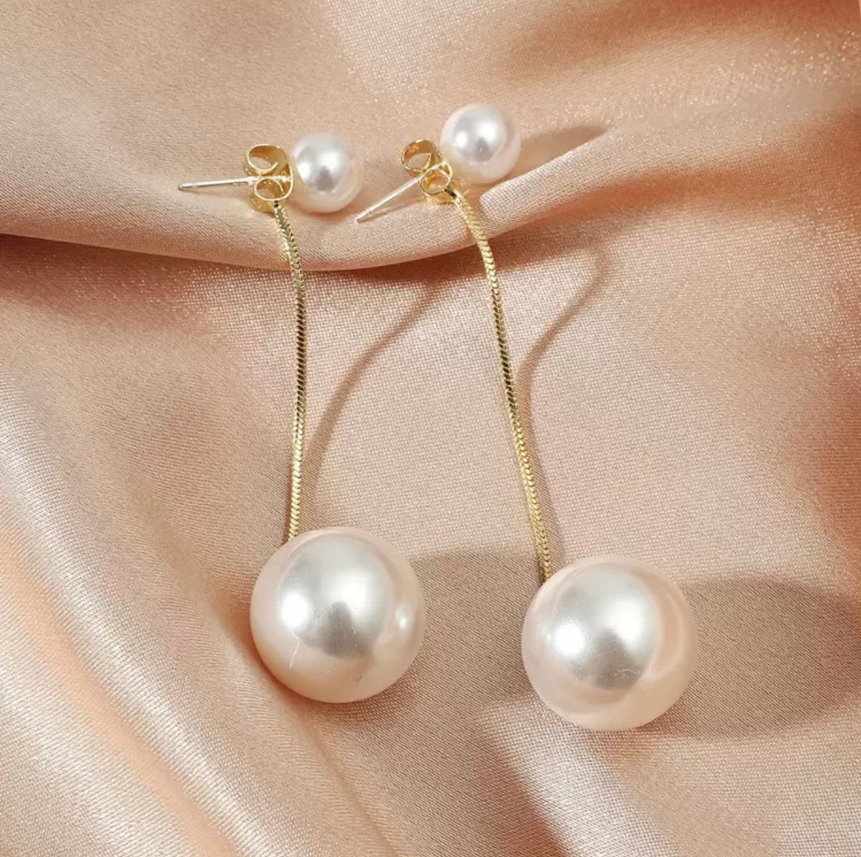 Gold Chain Dangle Earrings with Double Pearl Ball Accents
