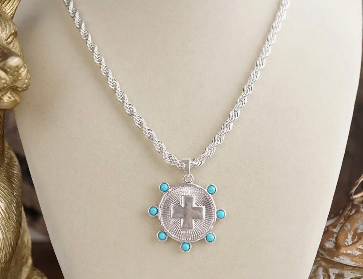 Sunlit Devotion- Silver Chain Necklace with silver & turquoise coin accent pendant.