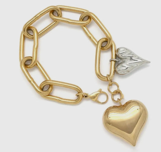 Large Two-Tone Double Heart Chain Bracelet
