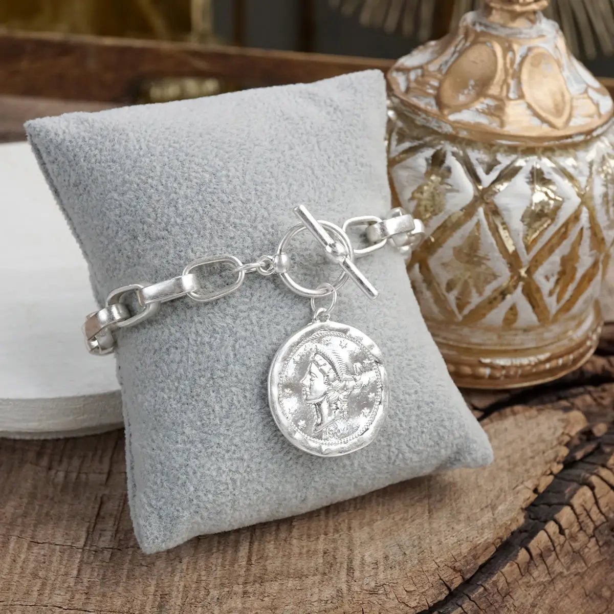Worn Silver Cable Chain Link Bracelet with Coin Charm