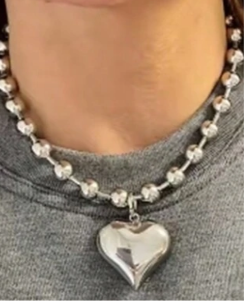 8mm Steel Ball Chain Necklace with Large Heart Pendant