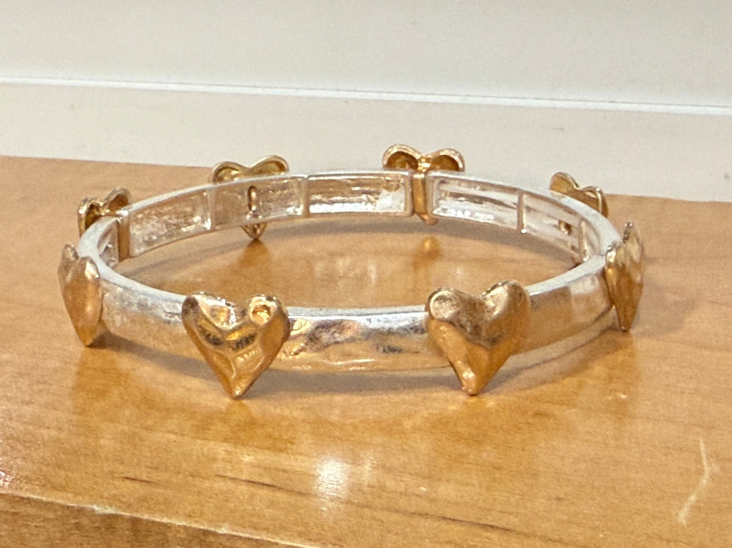 Two-Tone Silver Stretch Bangle Bracelet with Hammered Gold Heart Details