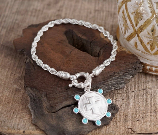 Sunlit Devotion- Silver Chain Bracelet with silver & turquoise coin accent pendant.