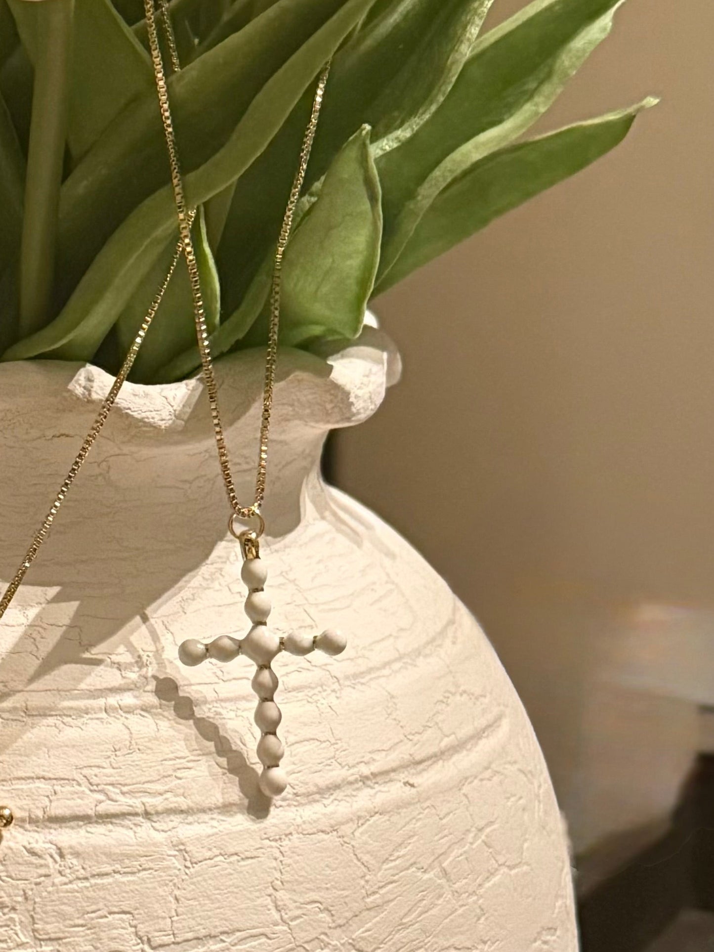 White Ball Bead Cross Pendant on Gold Box Chain Necklace