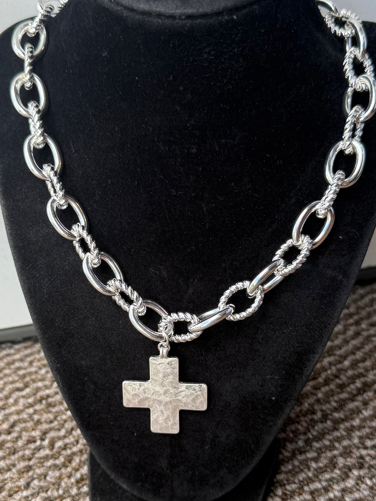 Water Resistant Chunky Silver Chain with Hammered Cross
16"-18" Necklace