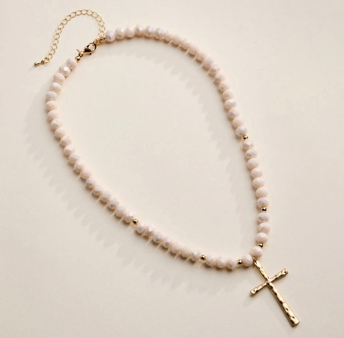 Ivory Beaded Necklace with Thin Hammered Cross